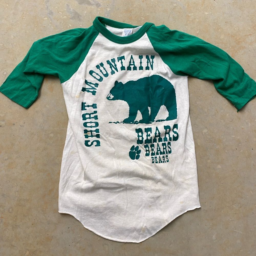Thrashed Mountain Bear Ringer Tee:Vintage Distressed Retro Sportswear Paperthin